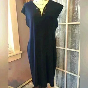 Calvin Klein Navy dress with Gold Chain and Button V-Neck Accents Sz 12